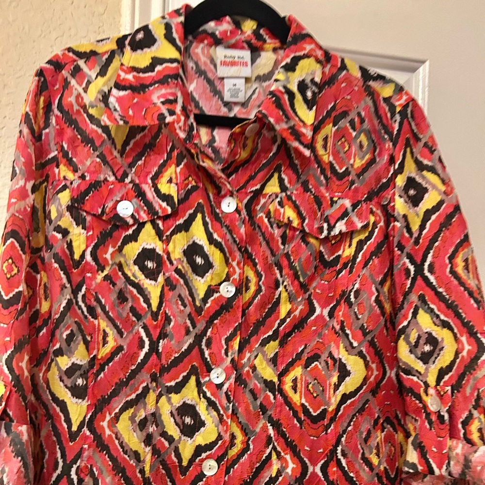Ruby Rd. Red Yellow Black Ikat Button-Front Blouse - Picture 5 of 7